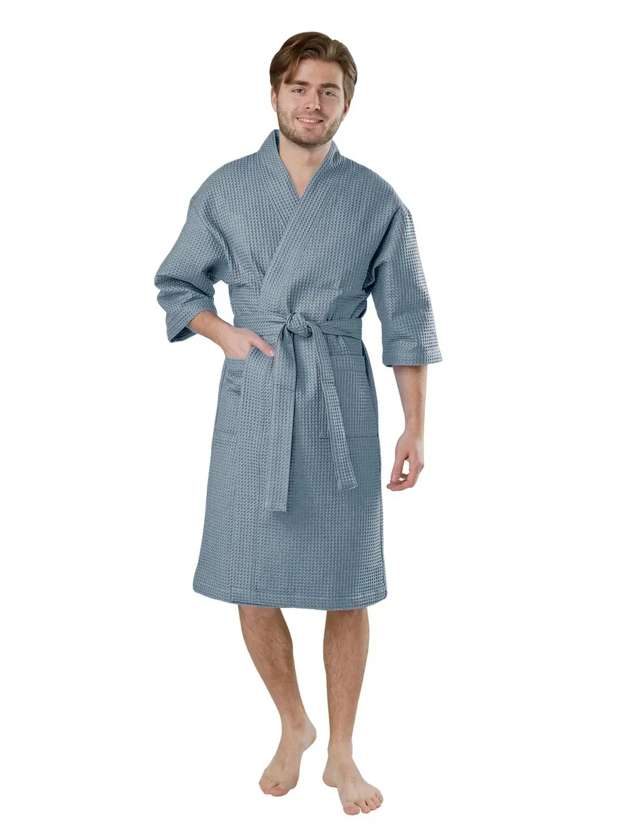 Халат мужской Хлопок вафельный Кимоно цвет Серый
