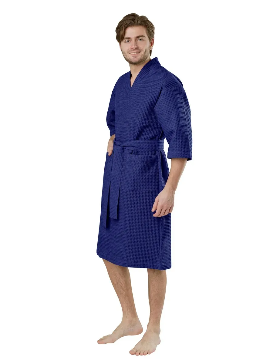 Халат мужской Хлопок вафельный Кимоно цвет Синий