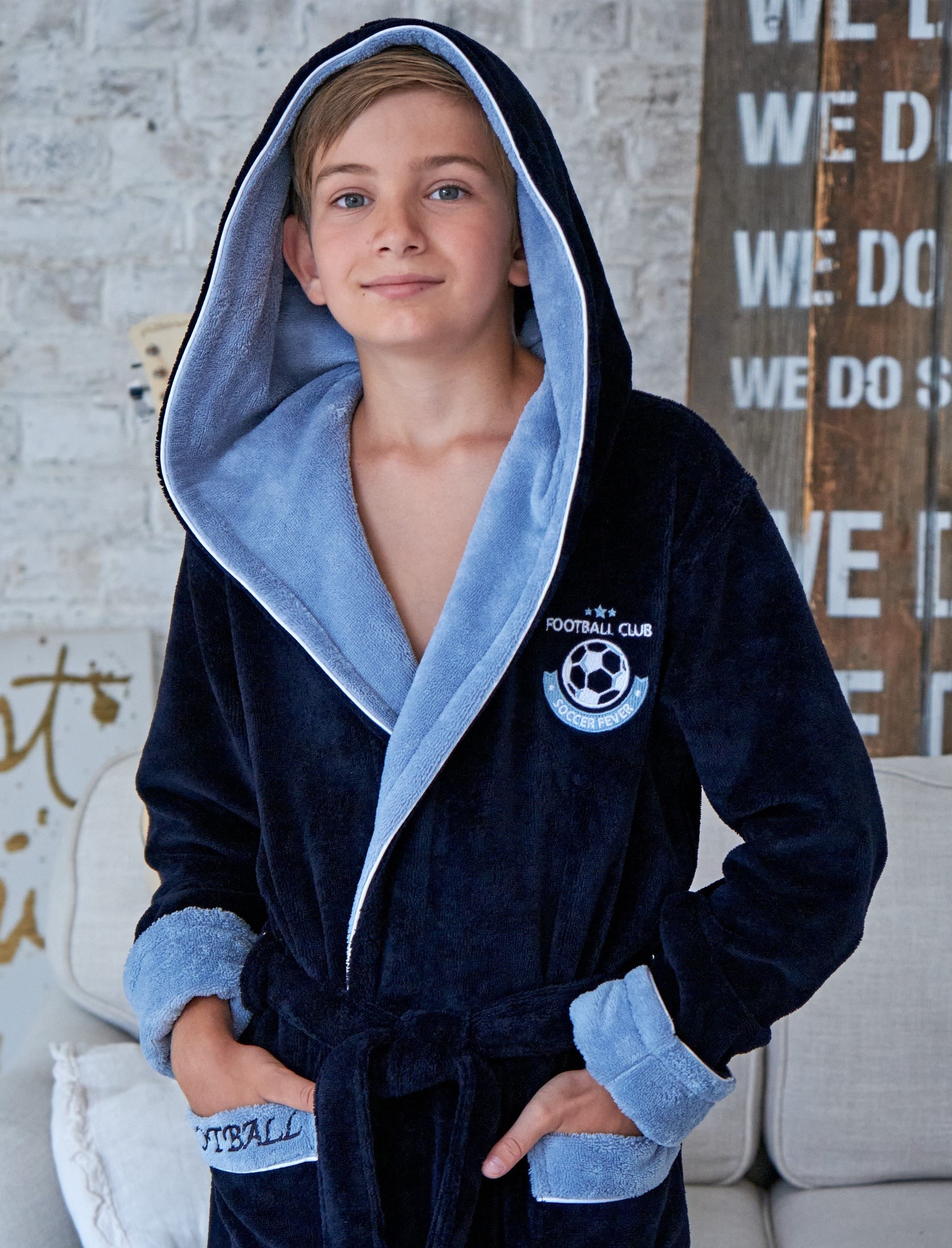 Халат детский бамбук велюровый с капюшоном Ronaldo Navy