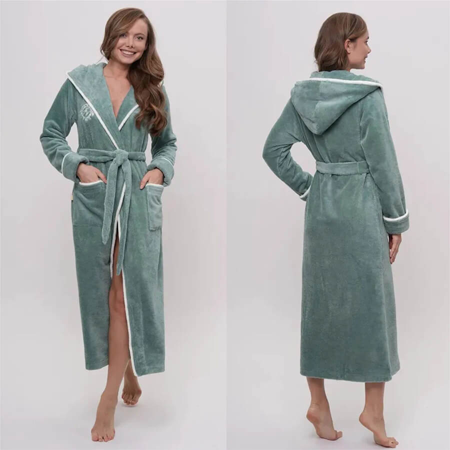 Халат ЖЕНский БАМБУК трига велюровый с капюшоном JULIETTE 2XL Полынь