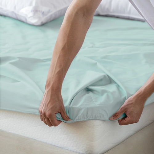 Простыня на резинке САТИН 100% хлопок Ecotex, нежно-голубой